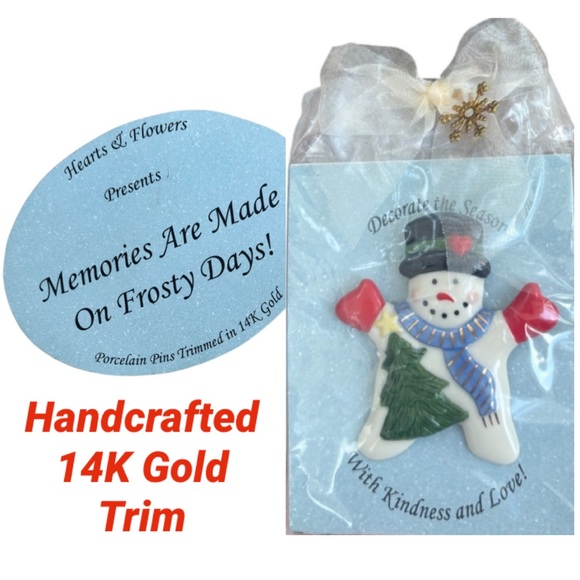 Vintage Jewelry - Snowman Christmas Pin 14K Gold Porcelain Handmade Holiday Hand Crafted Jewelry